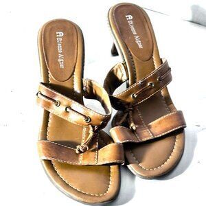 Etienne Aigner Size 9 9M Brown Leather Sandals Gladiator Slip on Mule Shoes